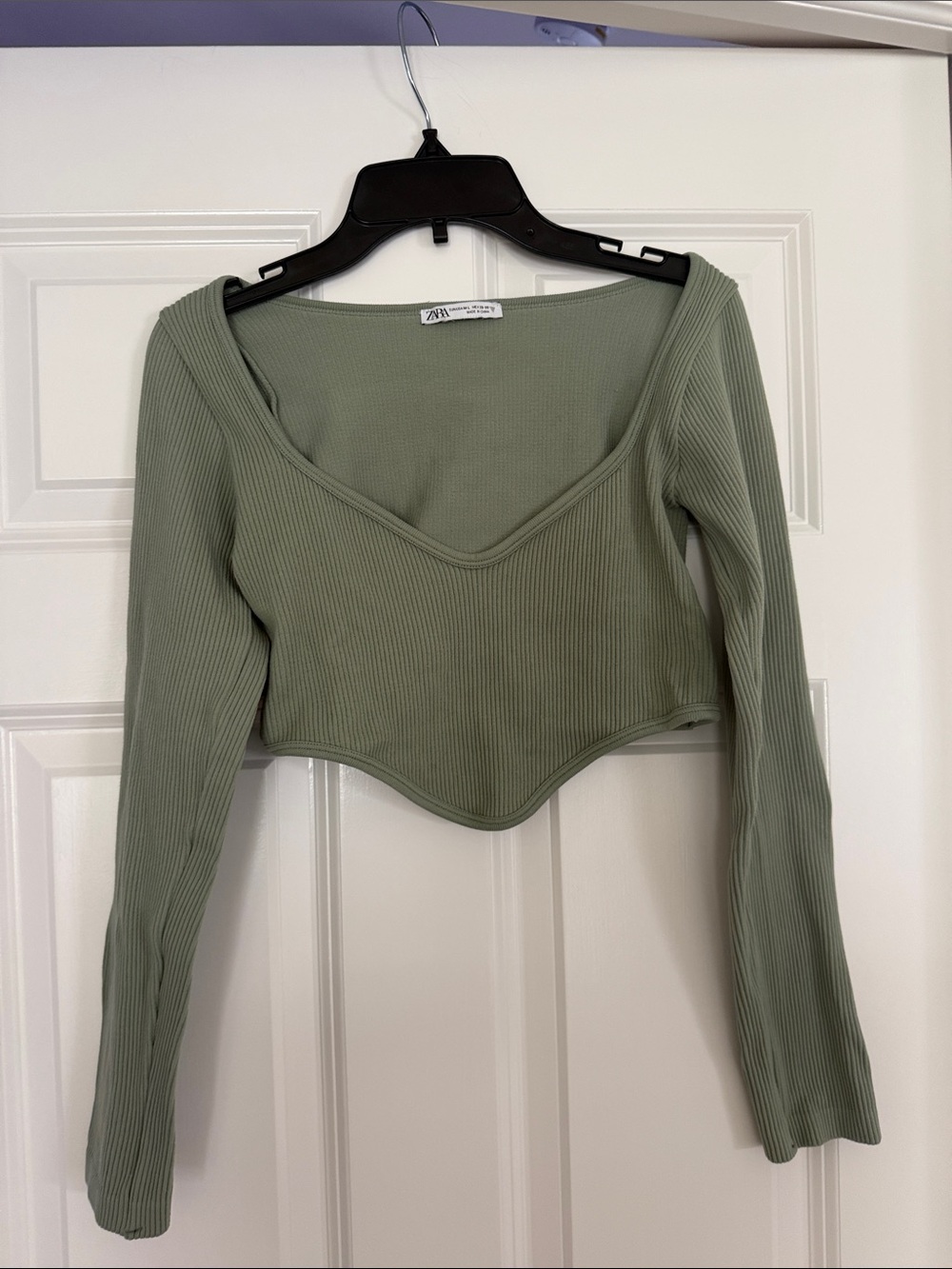 Zara Sage Ribbed Long-Sleeve Cropped Top